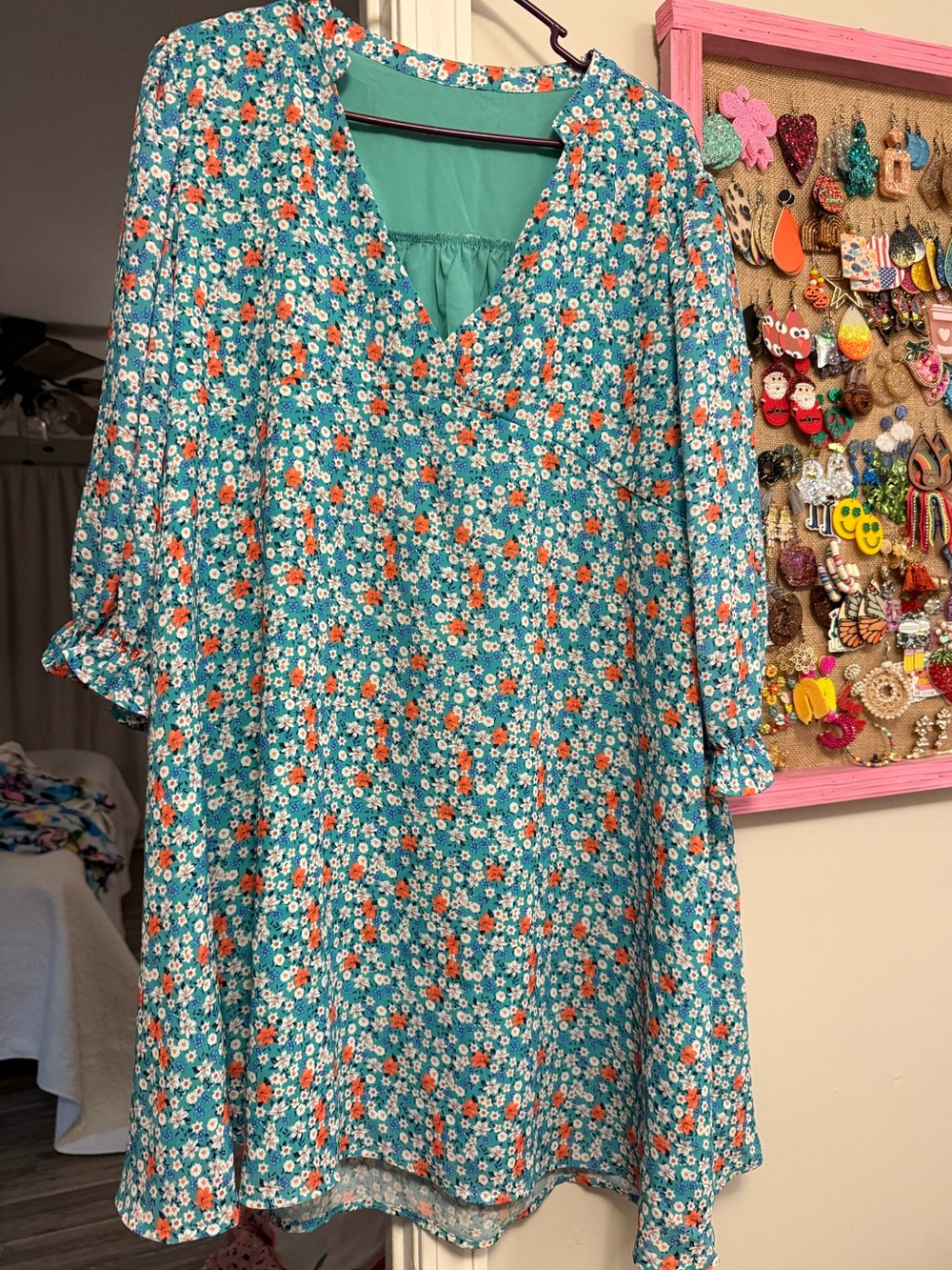 Teal Floral V-Neck Women's shift Dress